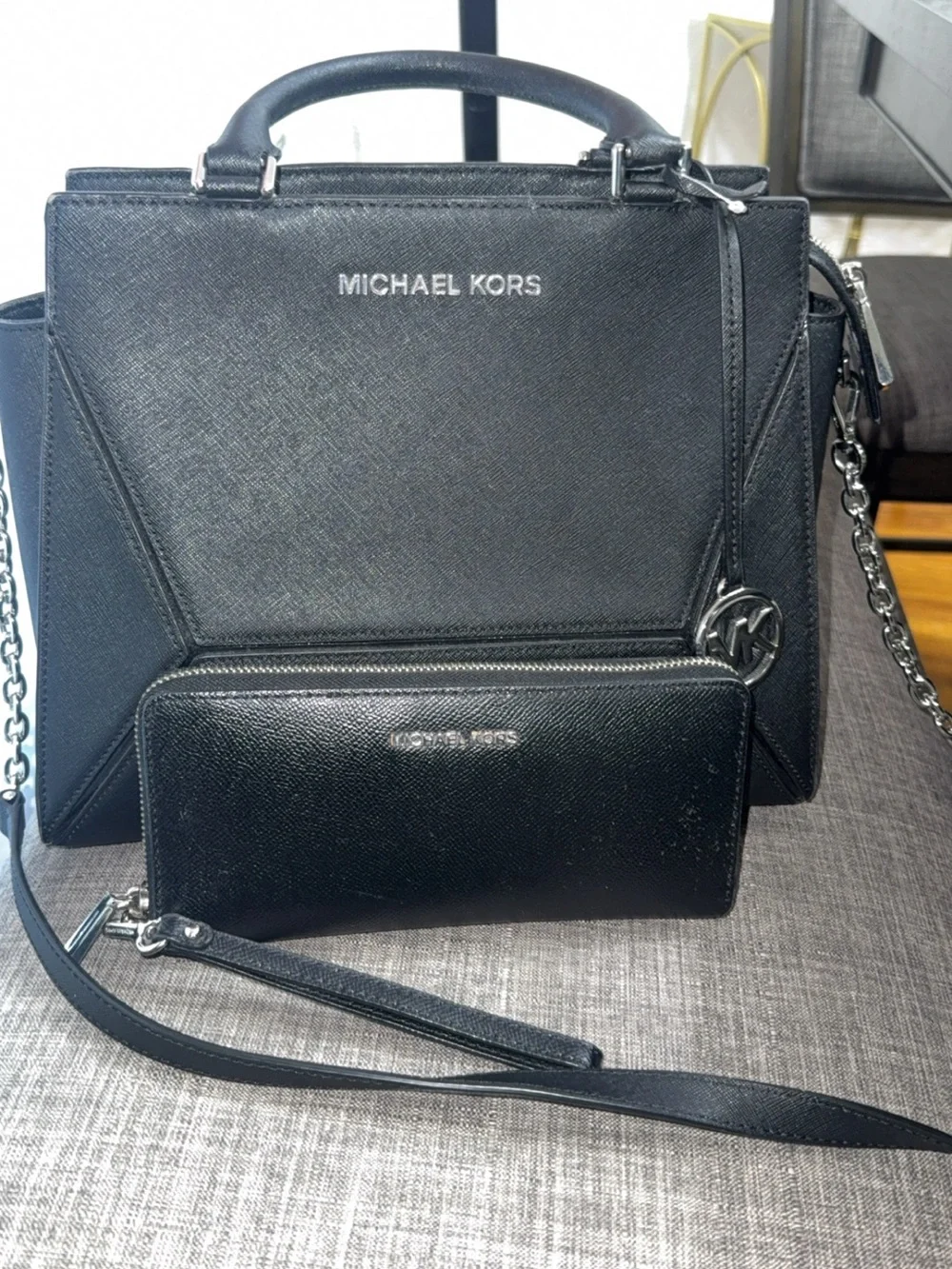 Michael Kors Black Saffiano Leather Satchel with Chain Strap and MK Charm